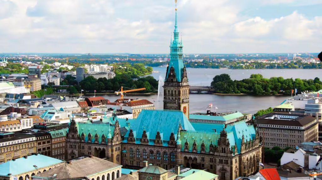 Aerial view of the City Hall of Hamburg, Germany