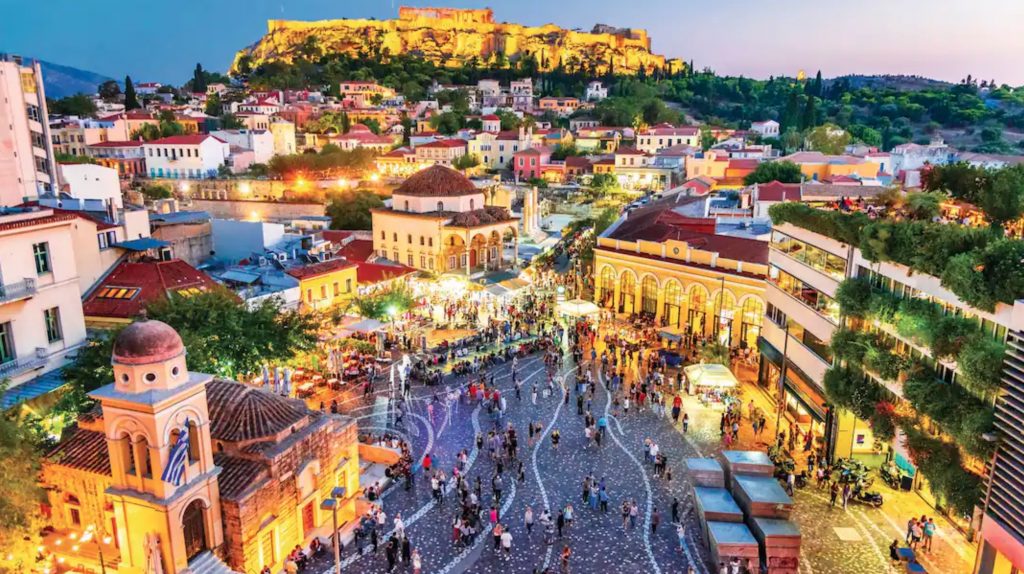 Overhead view of Athens, Greece at twilight