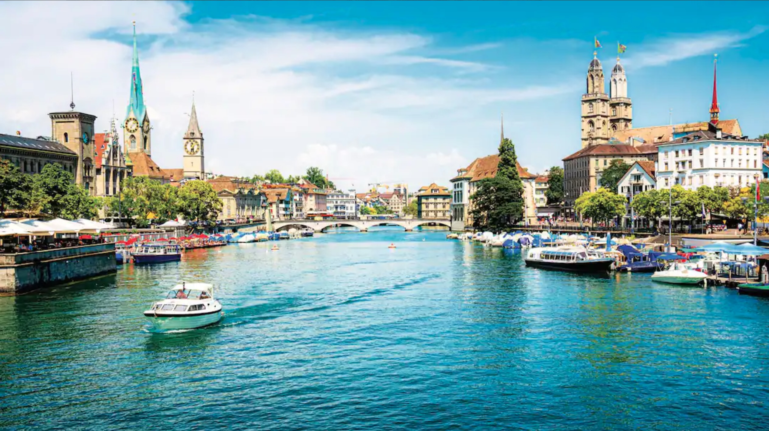 boats on Limmat River in Zurich