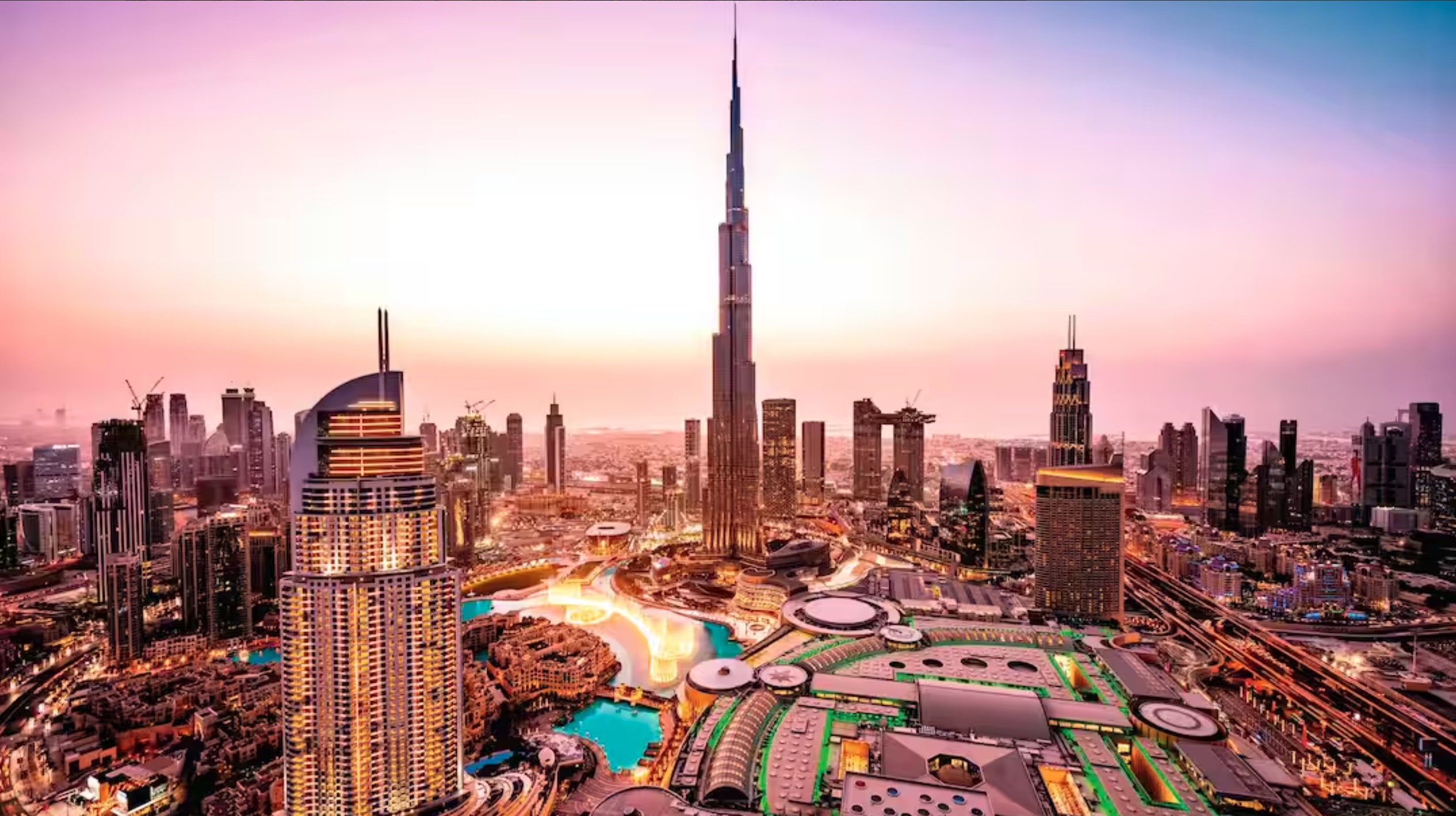 View across the city in Dubai, including the iconic Burj Khalifa
